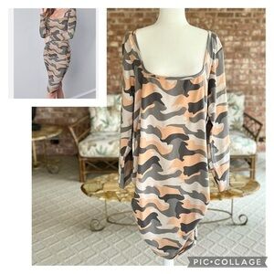 Venus Dress Camo Ruched Bodycon Long Sleeve Grey 2X Party Brunch Date Night Chic